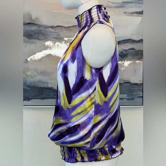 Vintage Y2K A. Byer Halter Top Smocked Neck & Waist Purple Lime Abstract Print - Picture 7 of 16